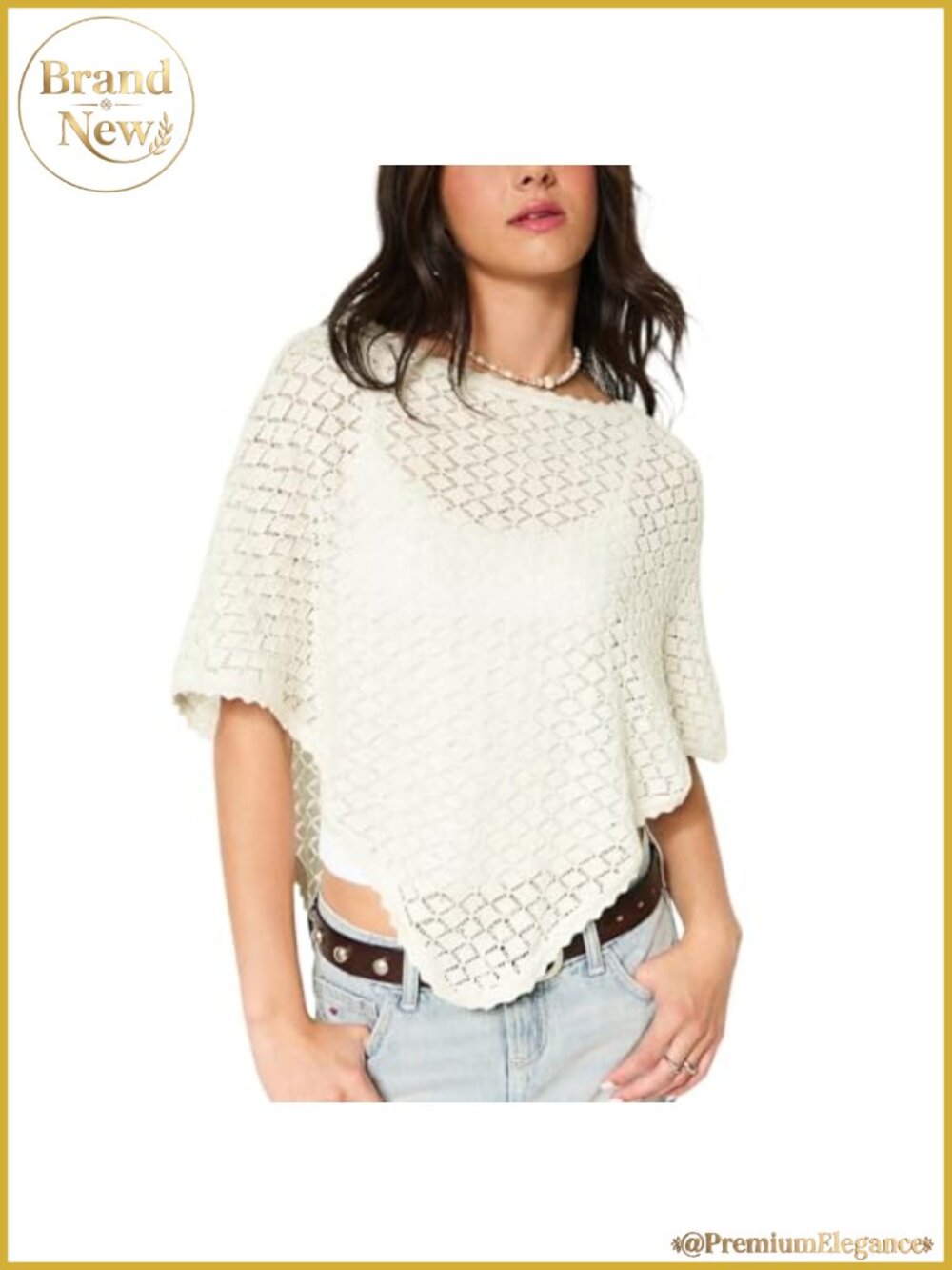Women's Crochet Batwing Sleeve Scalloped Trim Poncho Tops Hollow Out Sheer